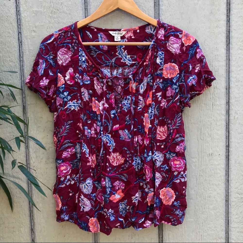 Lucky Brand lace up peasant blouse top floral